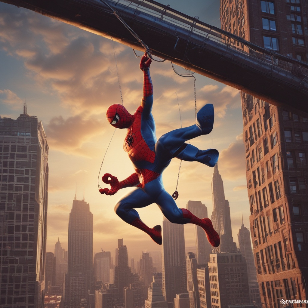 Spiderman swinging on a web